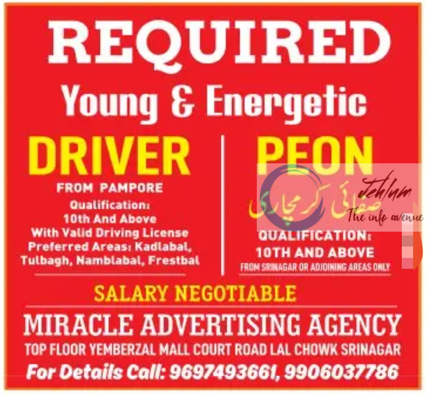 MIRACLE ADVERTISING AGENCY SRINAGAR JOBS 2024