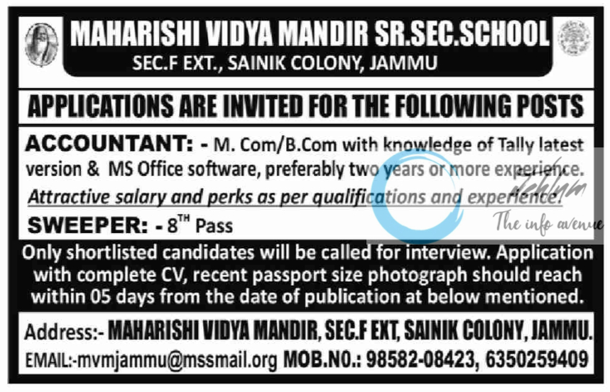 MAHARISHI VIDYA MANDIR SR SEC SCHOOL JAMMU JOBS 2024