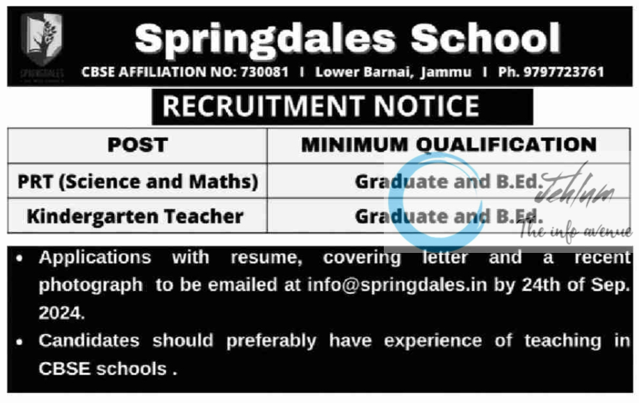 Springdales School Jammu Jobs Vacancy 2024