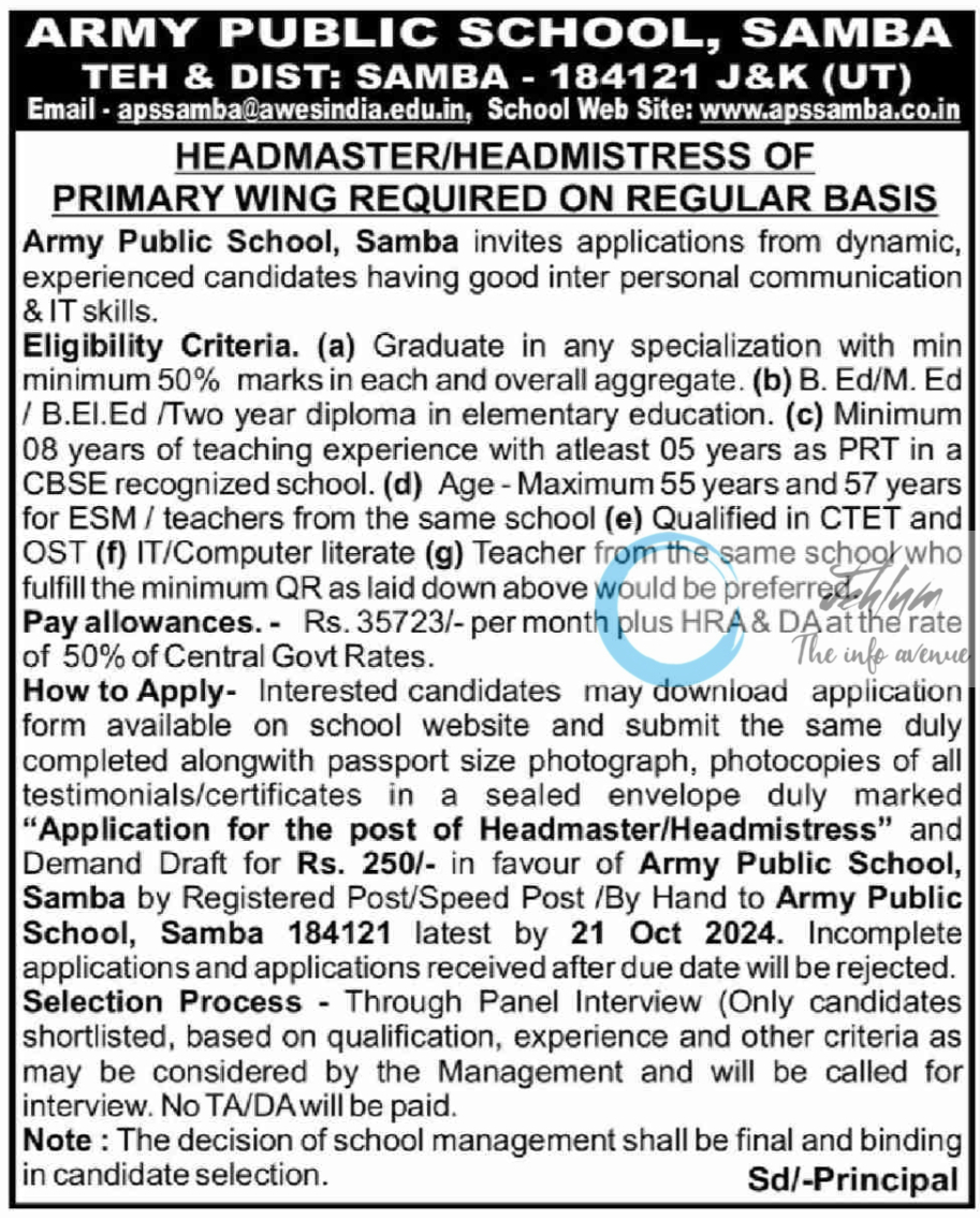 ARMY PUBLIC SCHOOL APS SAMBA HEADMASTER/HEADMISTRESS JOBS ADVERTISEMENT 2024