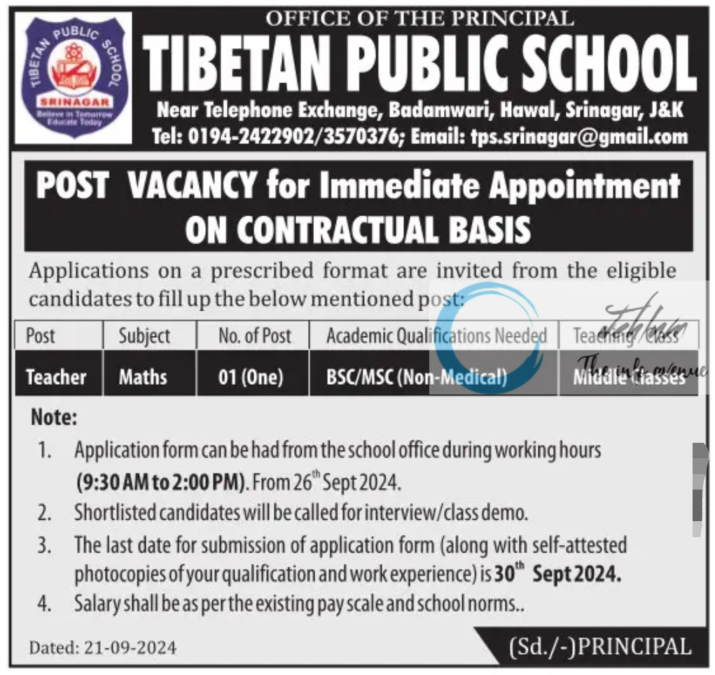 TIBETAN PUBLIC SCHOOL SRINAGAR JOBS 2024