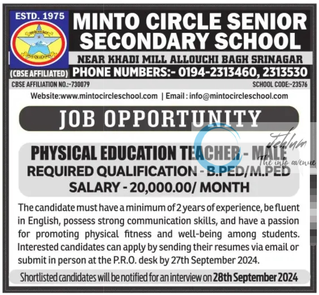 MINTO CIRCLE SENIOR SECONDARY SCHOOL SRINAGAR JOBS OPENINGS 2024