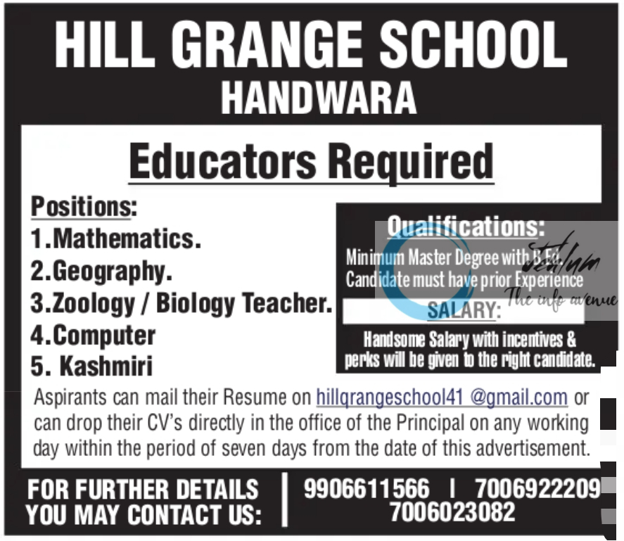 HILL GRANGE SCHOOL HANDWARA JOBS OPENINGS 2024