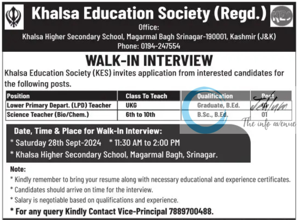 Khalsa Education Society Srinagar Jobs Walk-in Interview 2024