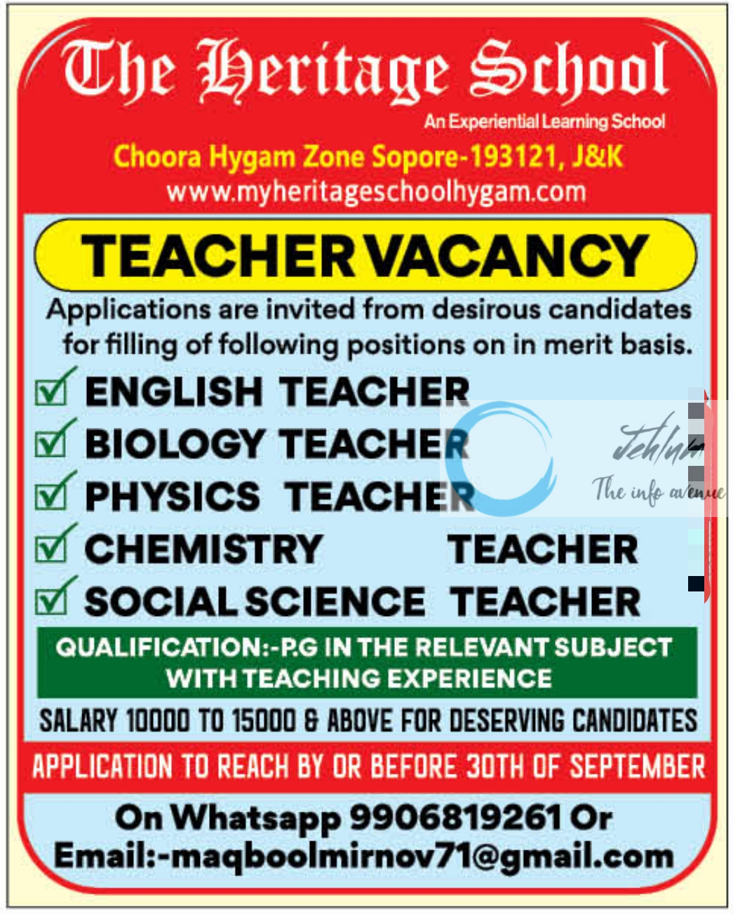 The Heritage School Sopore Jobs Vacancy 2024