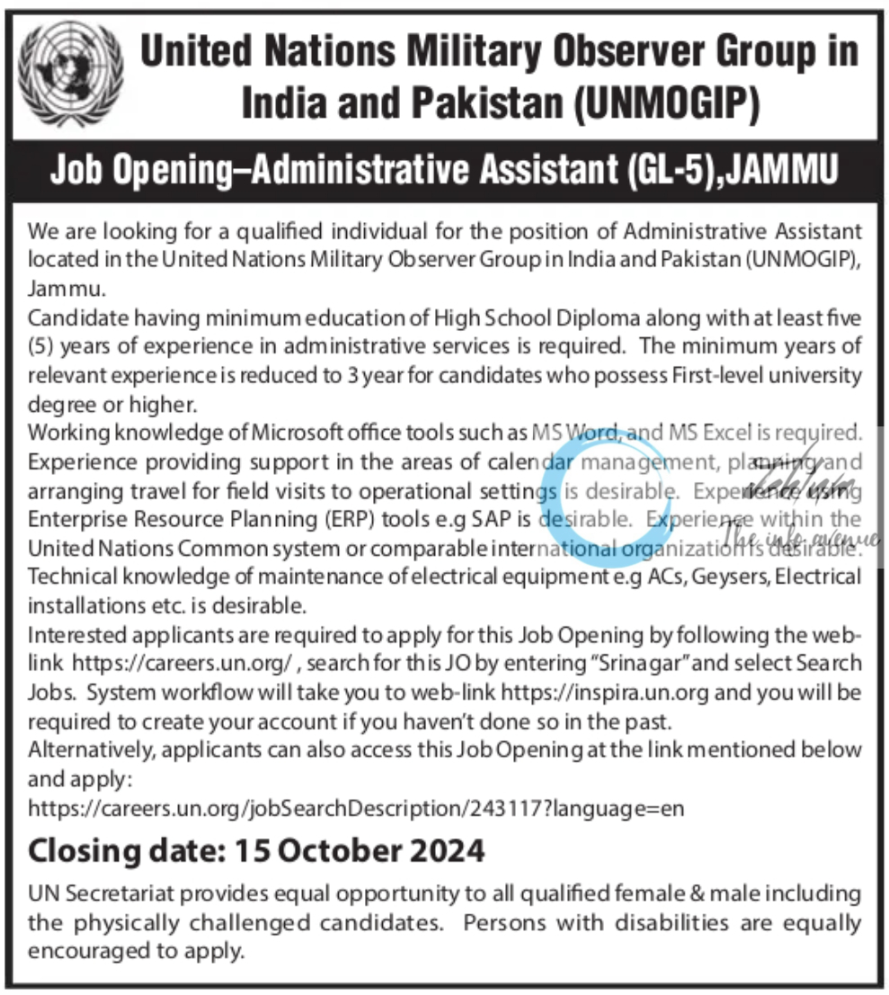 United Nations Military Observer Group in India and Pakistan UNMOGIP Administrative Assistant Job Opening 2024