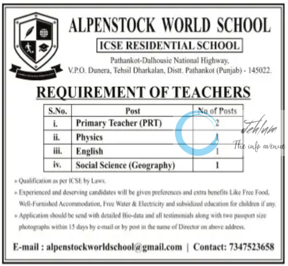 ALPENSTOCK WORLD SCHOOL PATHANKOT JOBS OPENINGS 2024