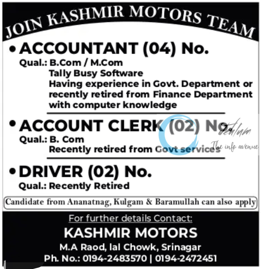 KASHMIR MOTORS SRINAGAR JOBS 2024