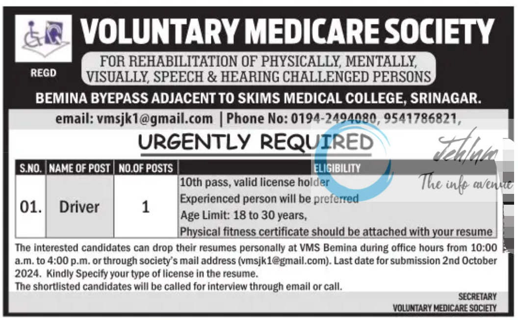 VOLUNTARY MEDICARE SOCIETY SRINAGAR JOBS 2024