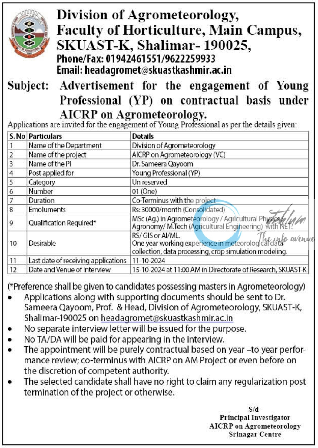 SKUAST Kashmir Division of Agrometeorology Young Professional Recruitment Advertisement 2024