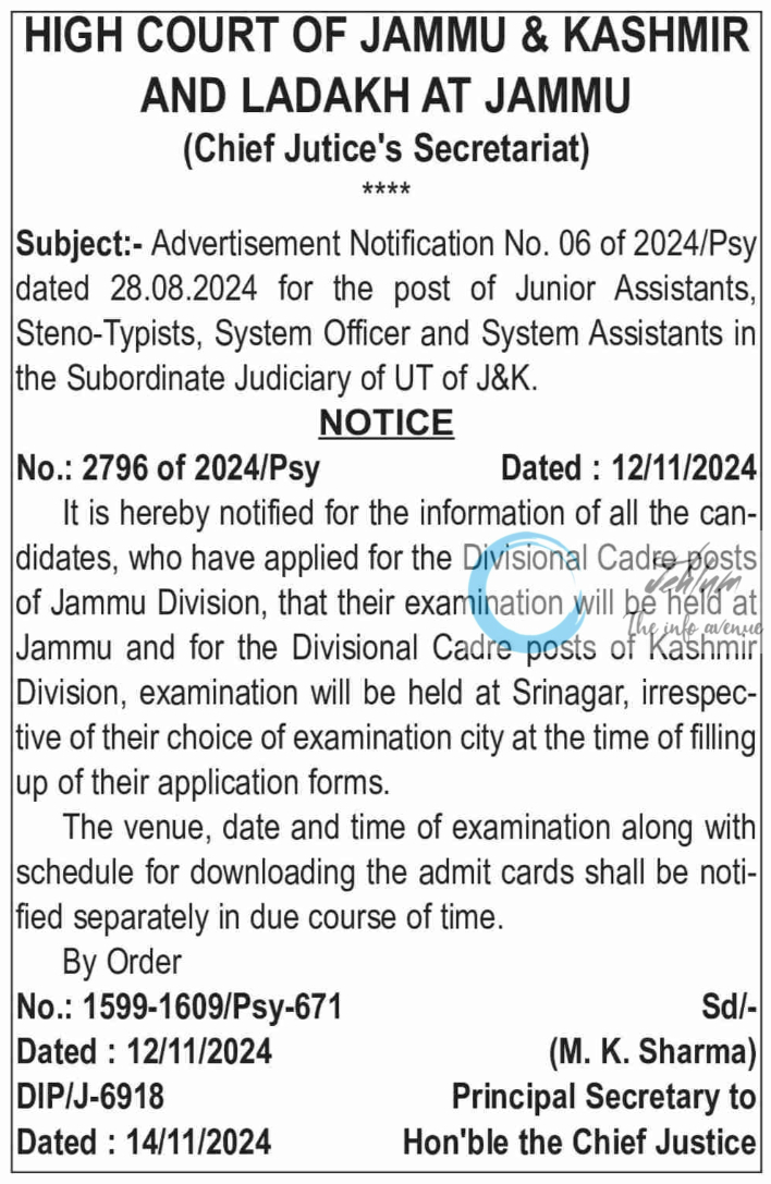 HIGH COURT OF JAMMU & KASHMIR AND LADAKH ADVERTISEMENT NOTIFICATION NO 06 OF 2024 - Exam Notification