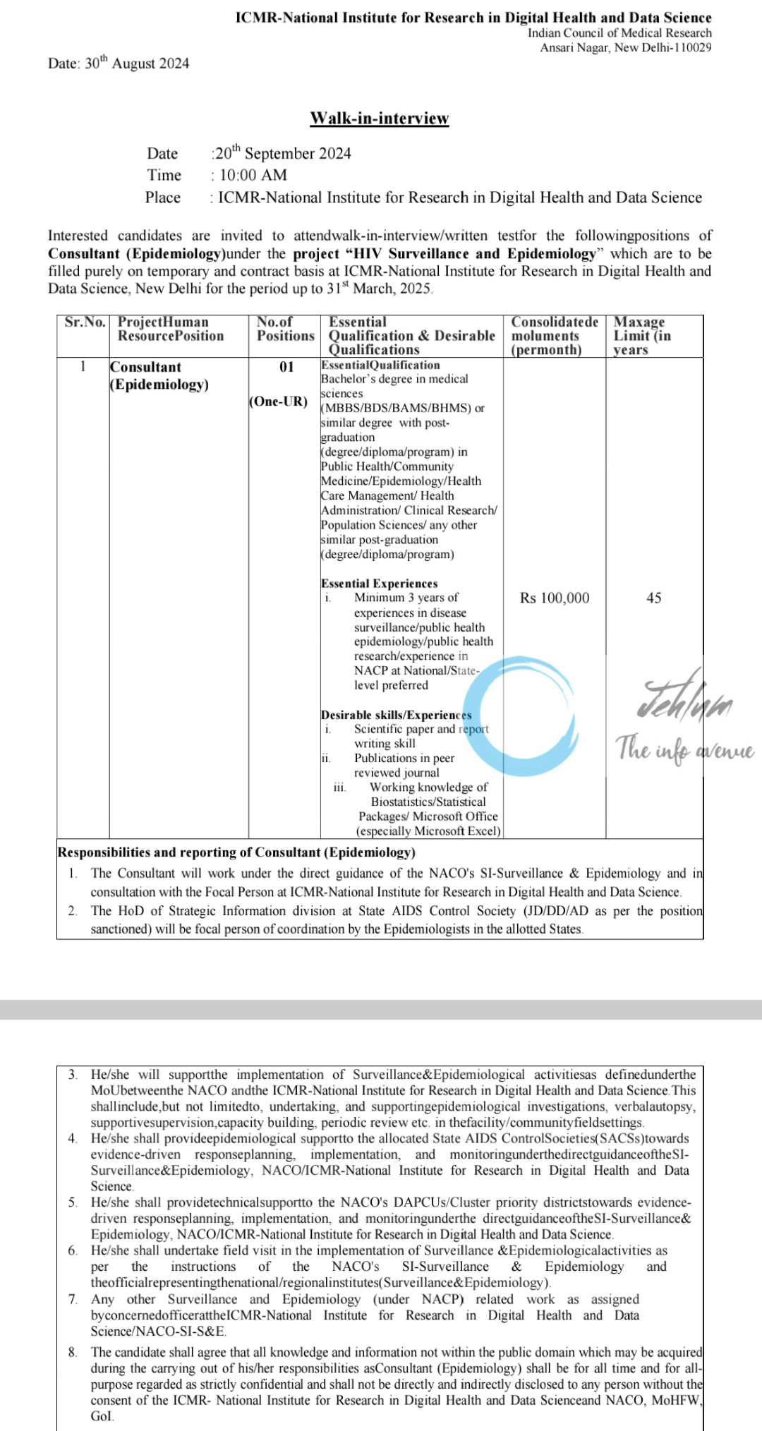 ICMR-National Institute for Research in Digital Health and Data Science Epidemiology Consultant Walk-in-Interview 2024