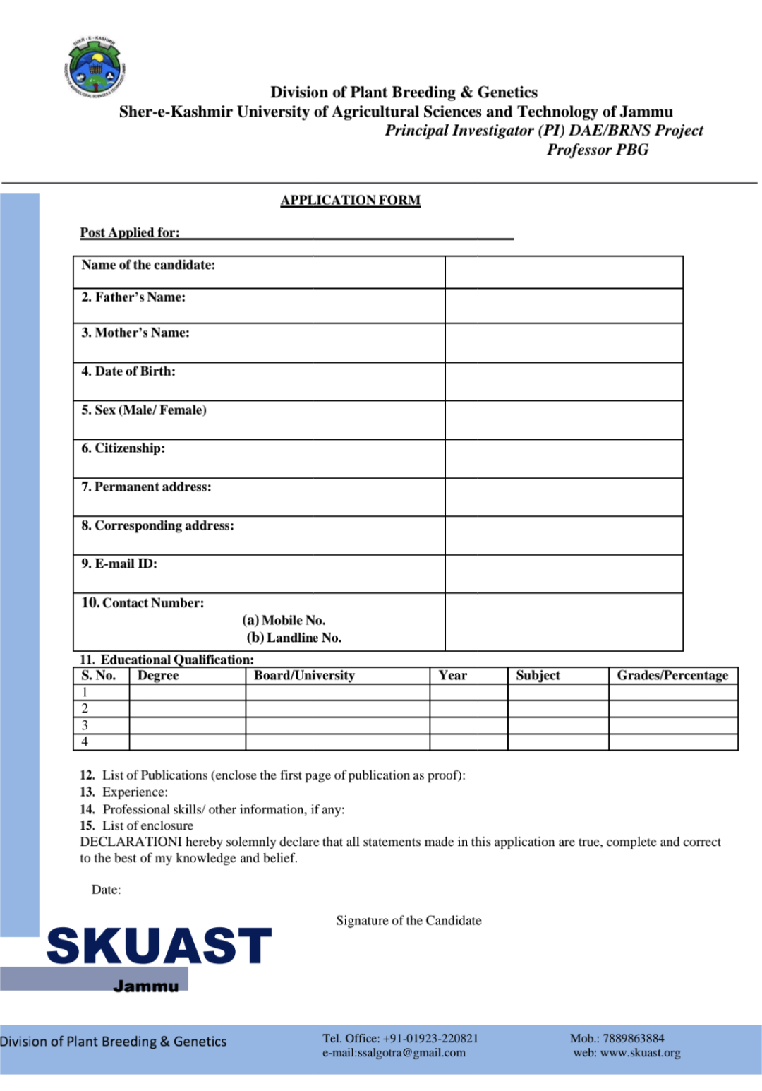 SKUAST Jammu Division of Plant Breeding & Genetics Project Assistant Advertisement 2024