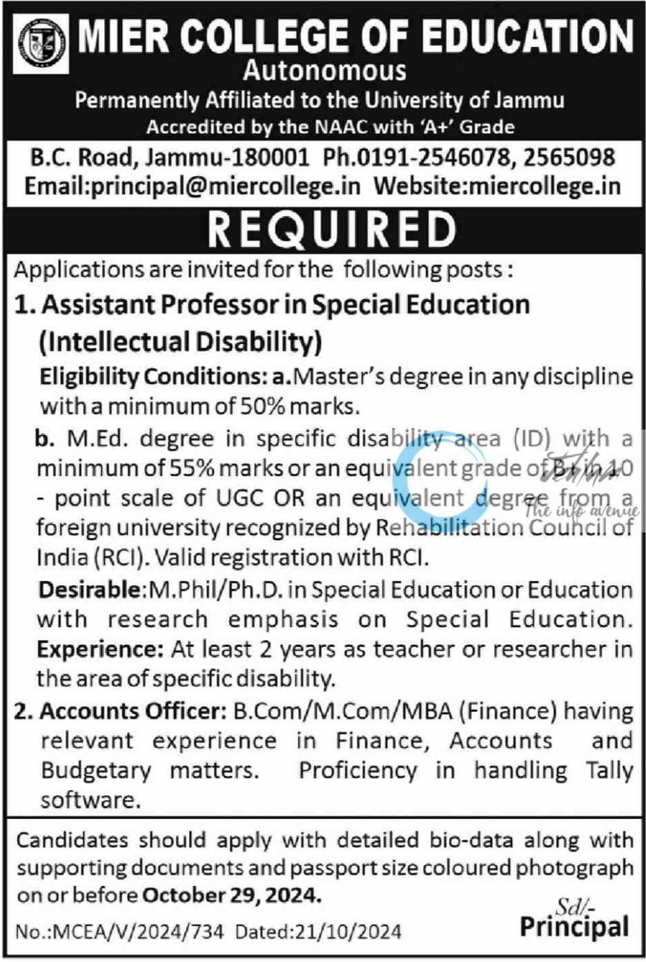 MIER COLLEGE OF EDUCATION JAMMU JOBS ADVERTISEMENT NO MCEA/V/2024/734