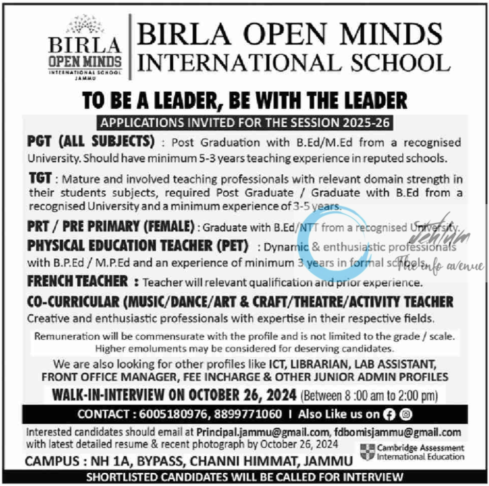 BIRLA OPEN MINDS INTERNATIONAL SCHOOL JAMMU JOBS 2024