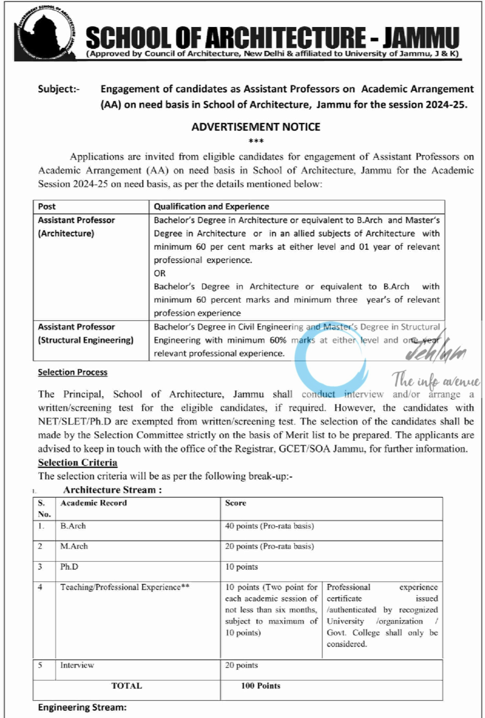 SCHOOL OF ARCHITECTURE - JAMMU ACADEMIC ARRANGEMENT ADVERTISEMENT NOTICE 2024-25