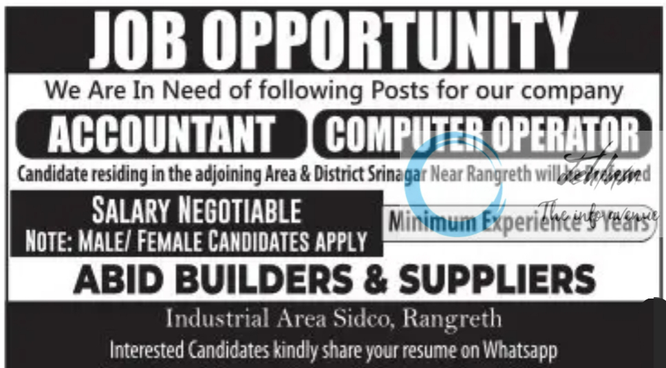 ABID BUILDERS AND SUPPLIERS SRINAGAR JOBS OPPORTUNITY 2024