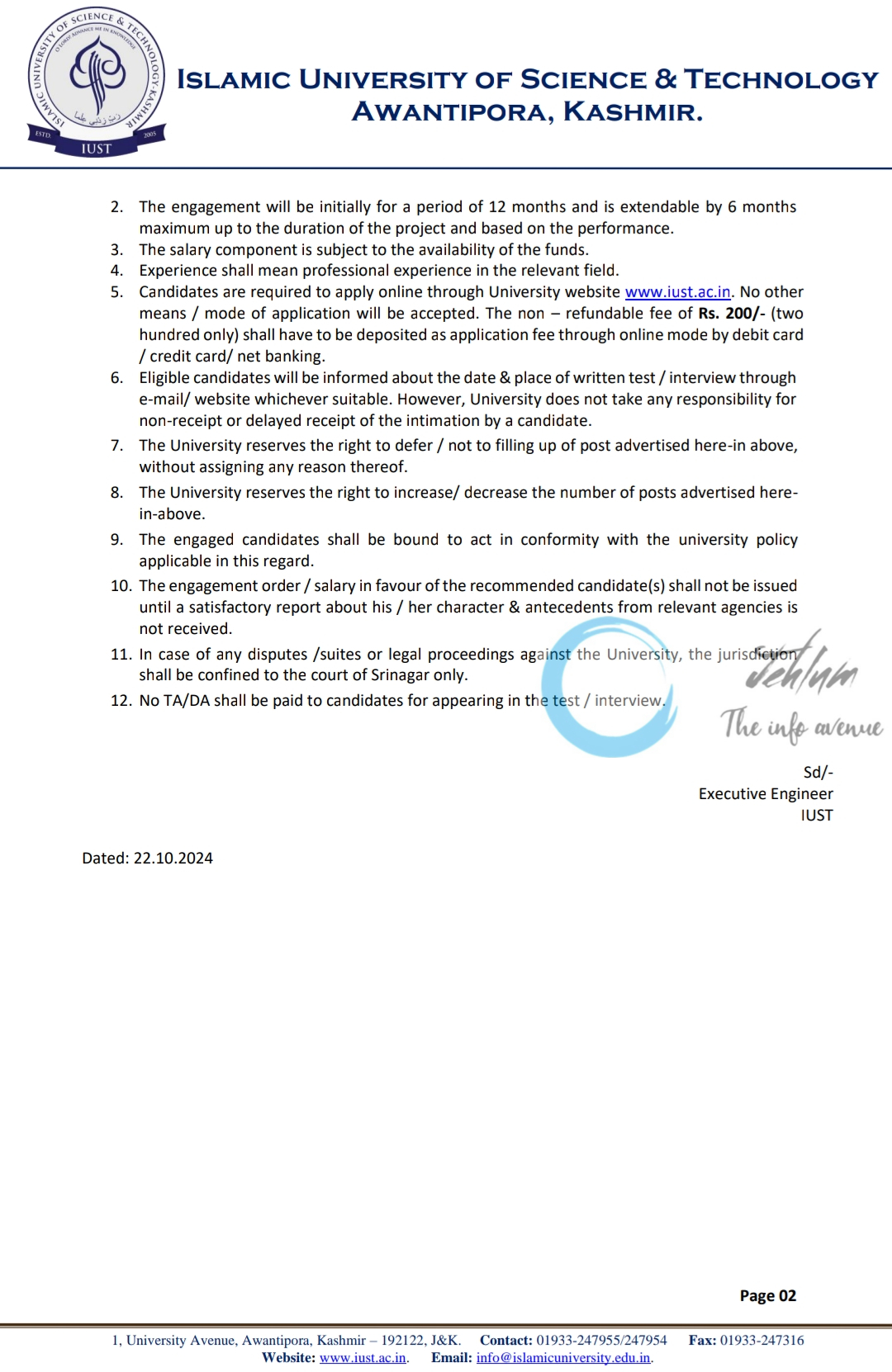 IUST KASHMIR ENGINEERING WING EMPLOYMENT NOTICE 2024