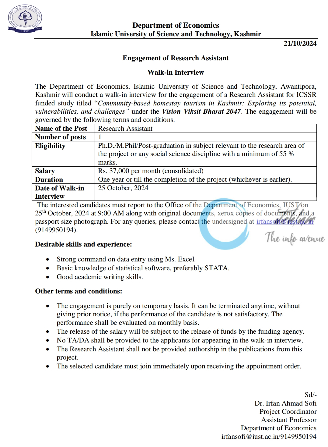 IUST Kashmir Deptt of Economics Research Assistant Walk-in Interview 2024