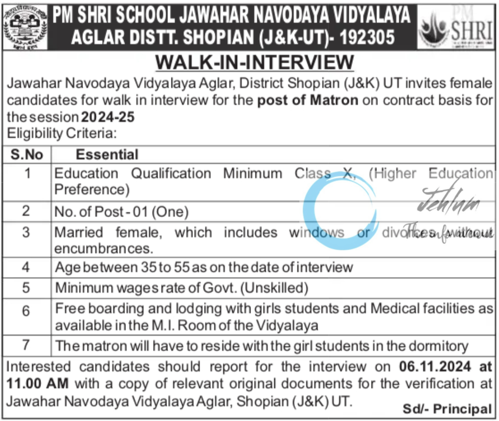 JNV SHOPIAN WALK-IN-INTERVIEW NOTIFICATION 2024