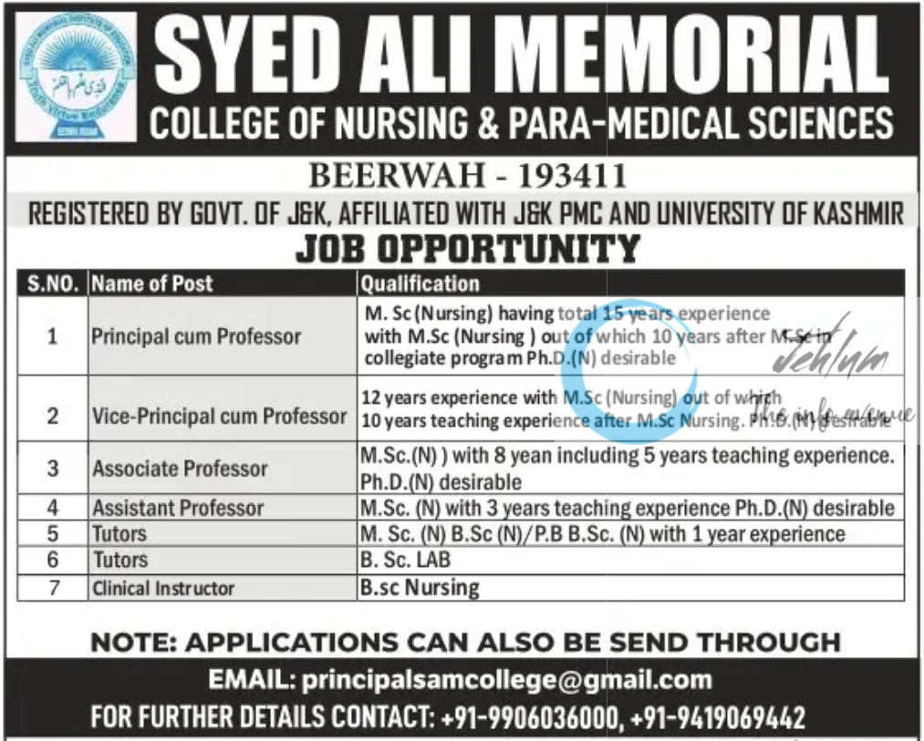 SYED ALI MEMORIAL COLLEGE OF NURSING BEERWAH JOBS OPPORTUNITY 2024