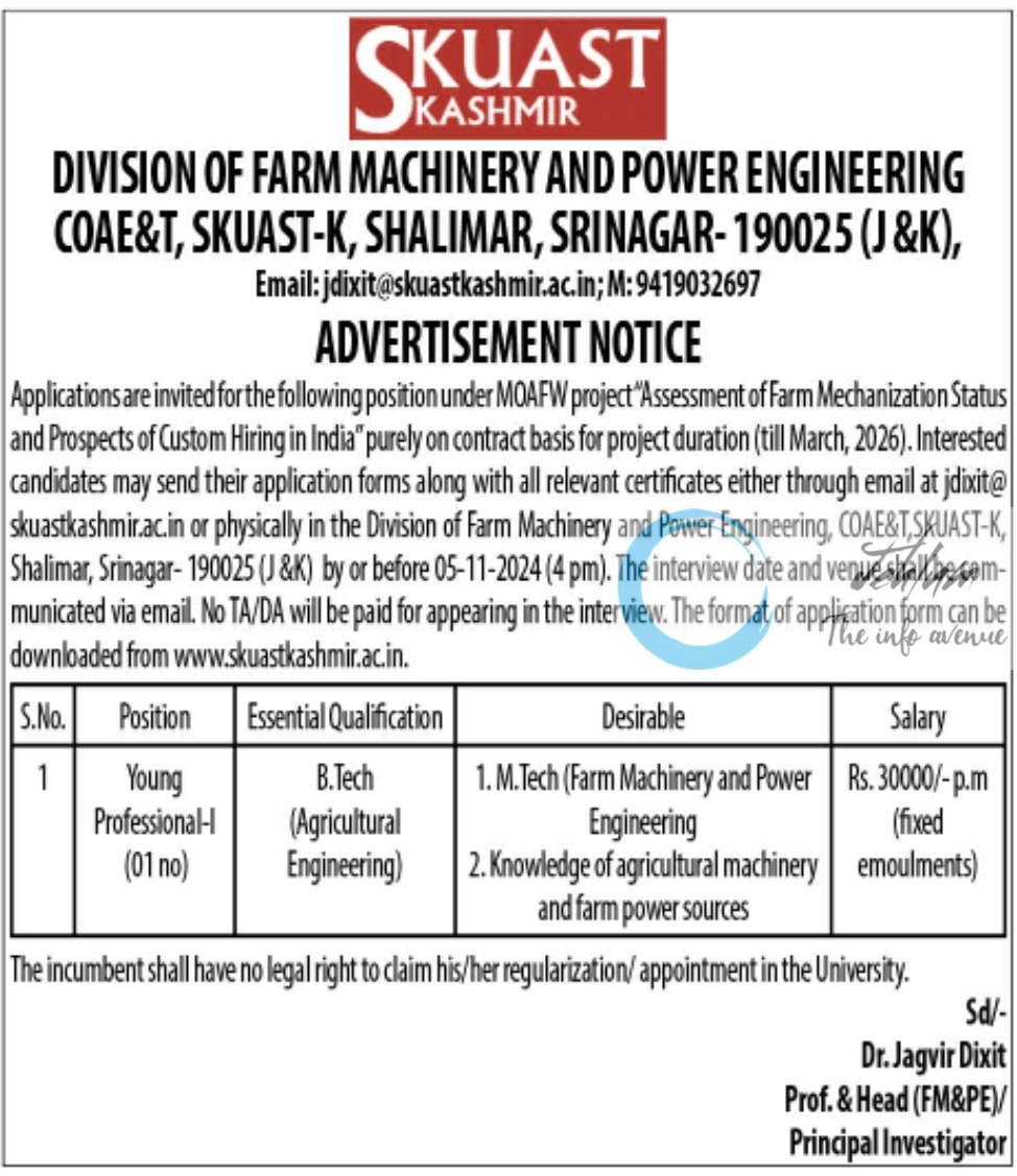 SKUAST KASHMIR DIVISION OF FARM MACHINERY AND POWER ENGINEERING ADVERTISEMENT NOTICE 2024