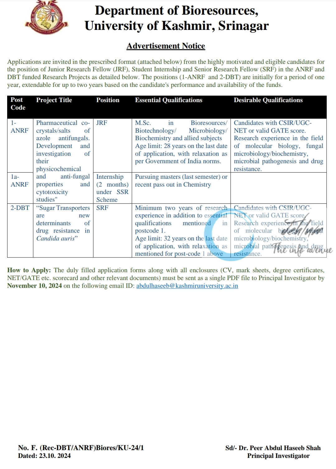 University of Kashmir Srinagar Deptt of Bioresources JRF/SRF/Internship Advertisement Notice 2024