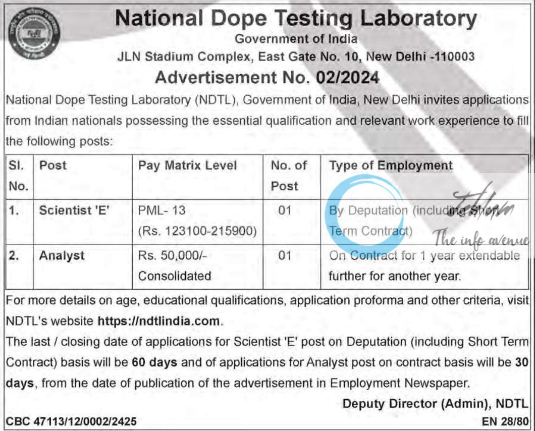 National Dope Testing Laboratory NDTL Advertisement No 02/2024