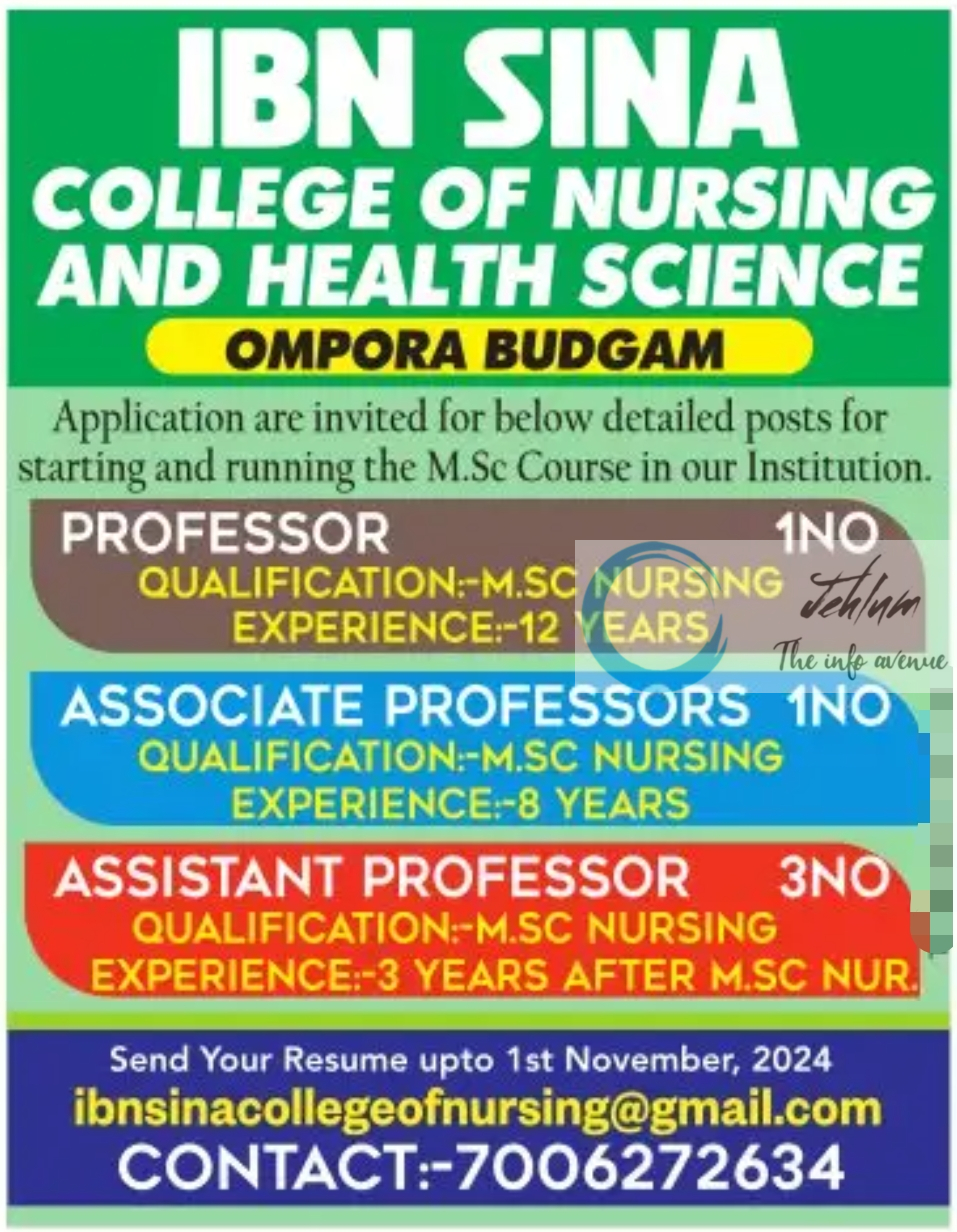 IBN SINA COLLEGE OF NURSING AND HEALTH SCIENCE BUDGAM JOBS OPENINGS 2024