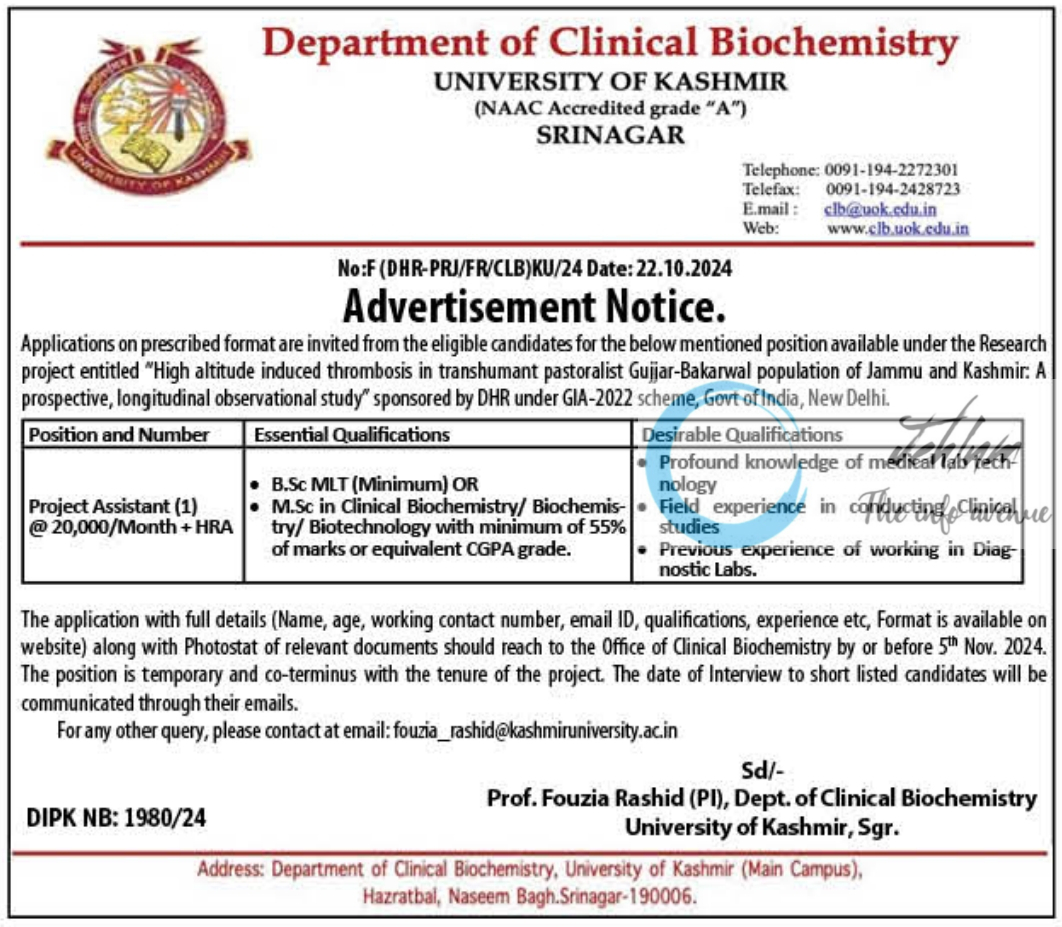 University of Kashmir Deptt of Clinical Biochemistry Project Assistant Advertisement Notice 2024