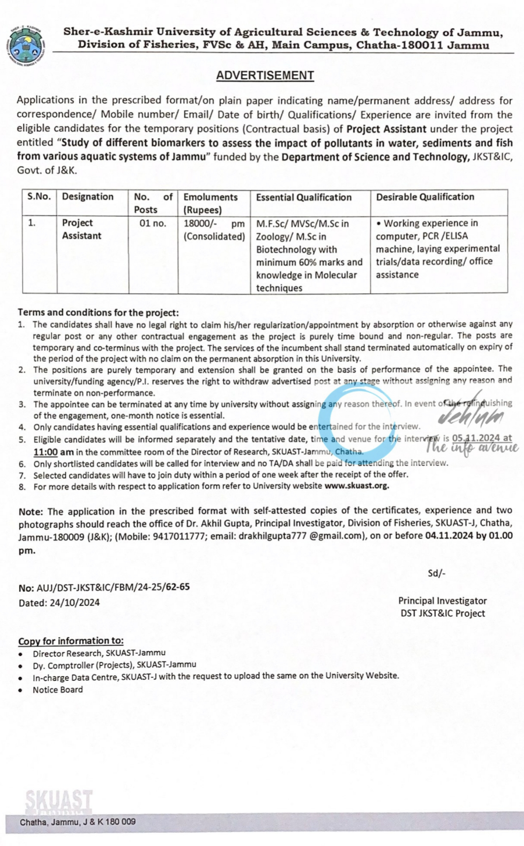 SKUAST Jammu Division of Fisheries Project Assistant Advertisement Notice No AUJ/DST-JKST&IC/FBM/24-25/62-65