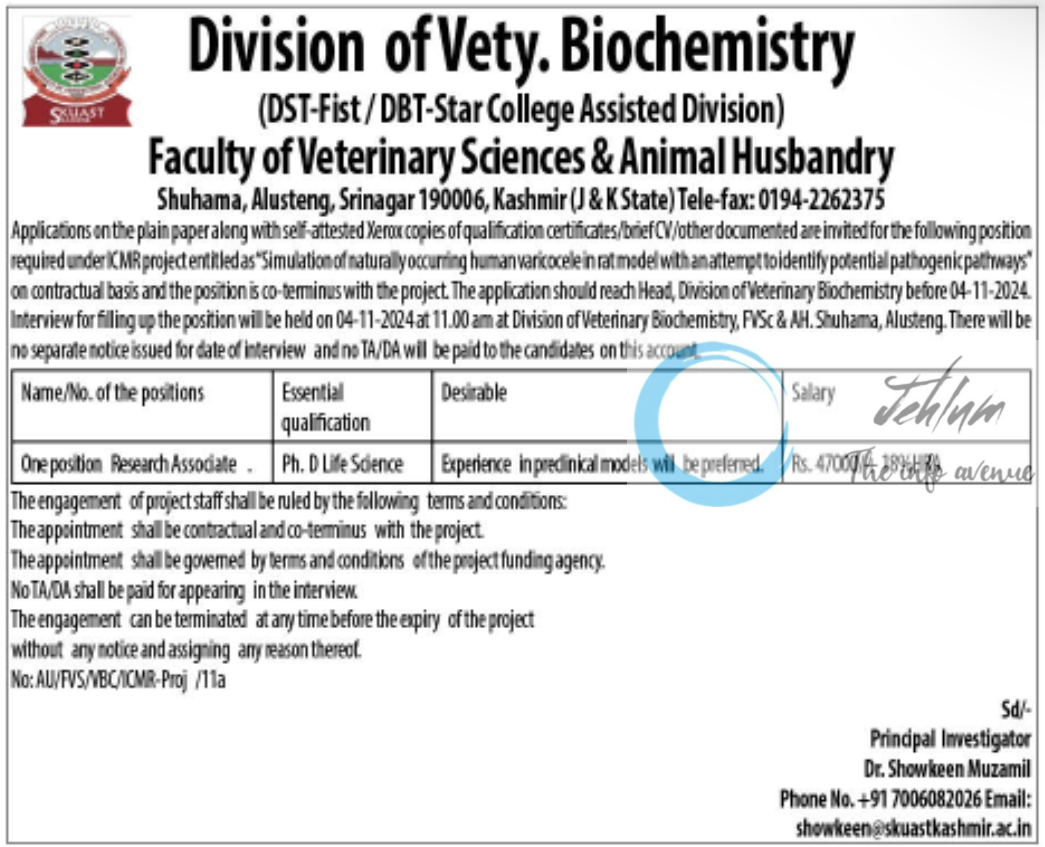 SKUAST Kashmir Division of Vety Biochemistry Research Associate Advertisement Notice 2024