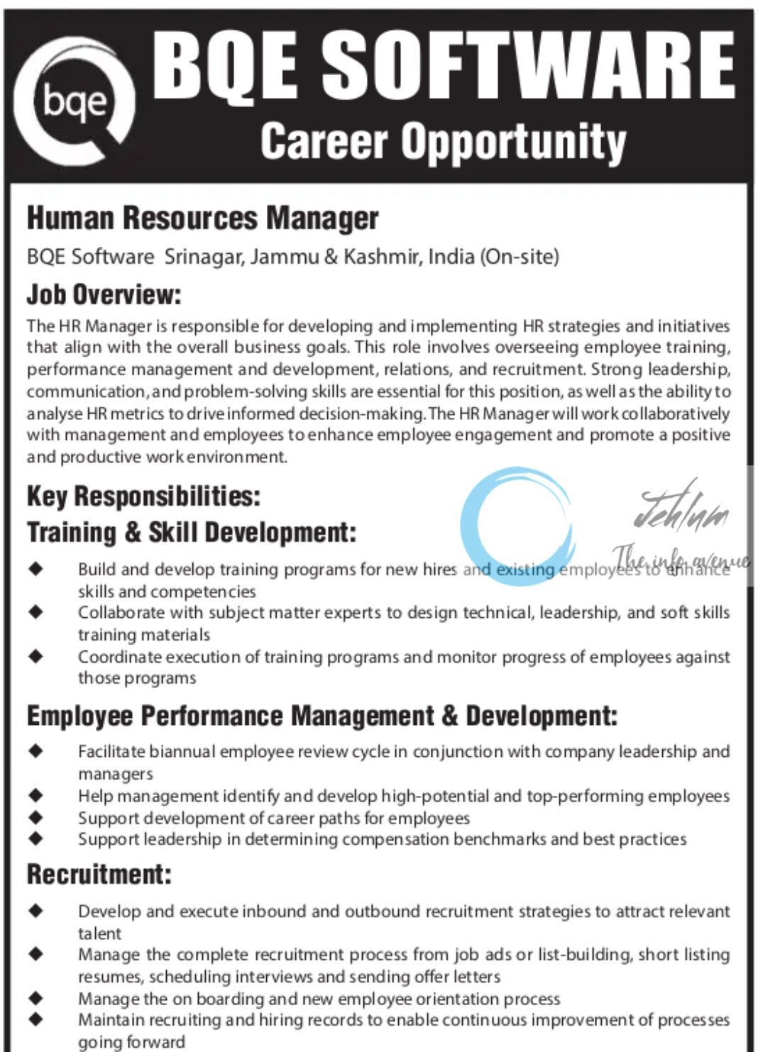 BQE SOFTWARE SRINAGAR HUMAN RESOURCES MANAGER JOBS VACANCY 2024