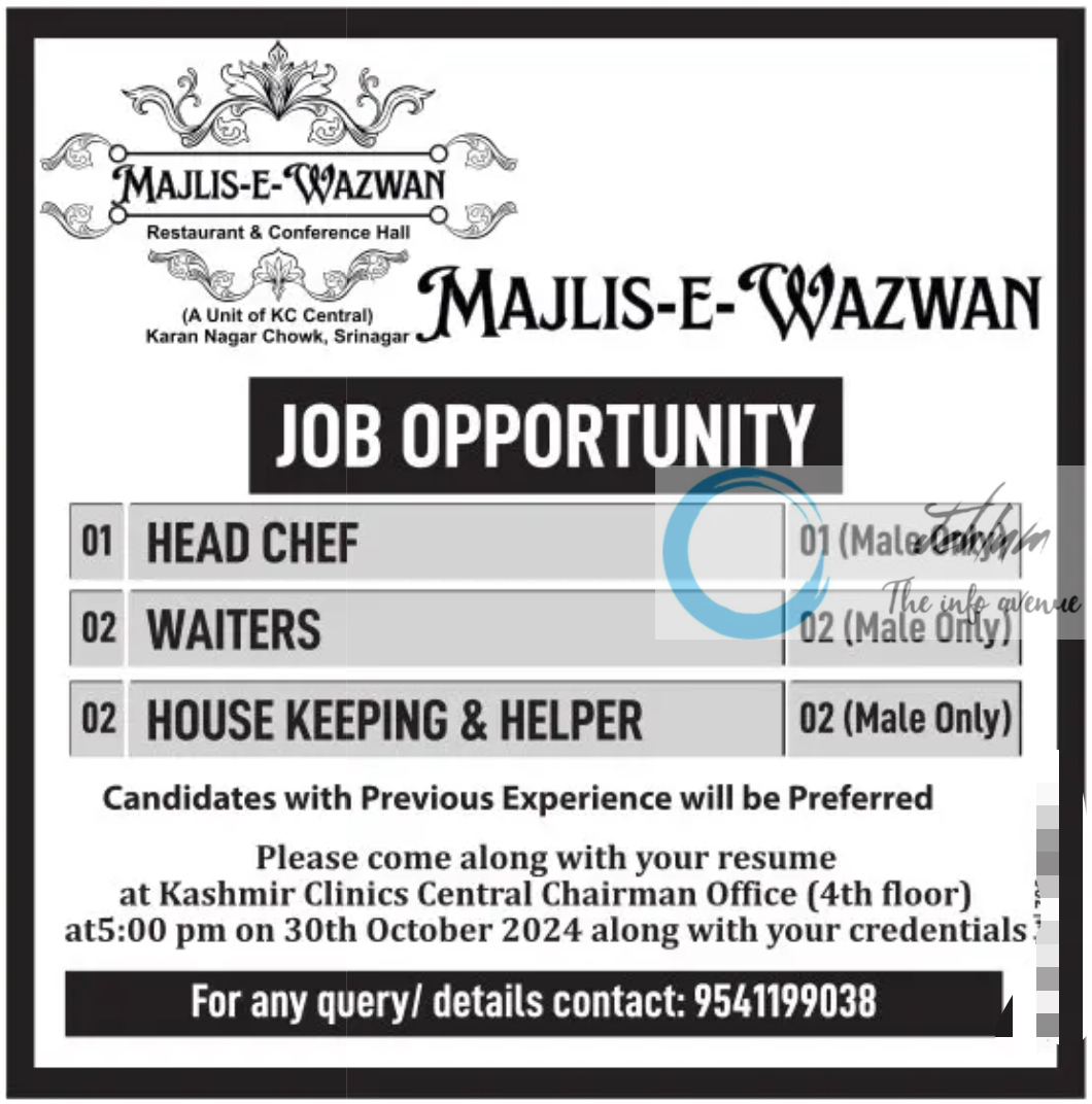 MAJLIS-E-WAZWAN SRINAGAR JOBS OPPORTUNITY 2024