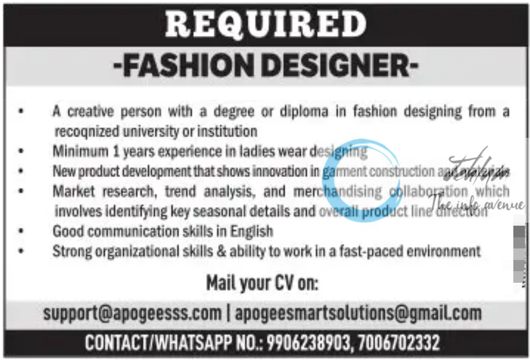 Apogee Smart Solutions Srinagar Fashion Designer Job Opening 2024