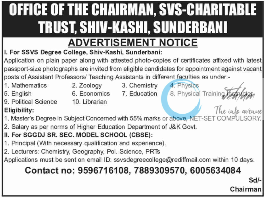 SVS-CHARITABLE TRUST SUNDERBANI JOBS ADVERTISEMENT NOTICE 2024