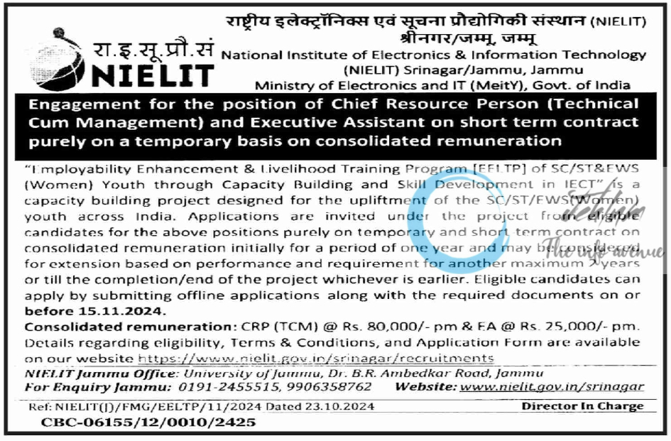 NIELIT Jammu Chief Resource Person Recruitment Advertisement Notice 2024