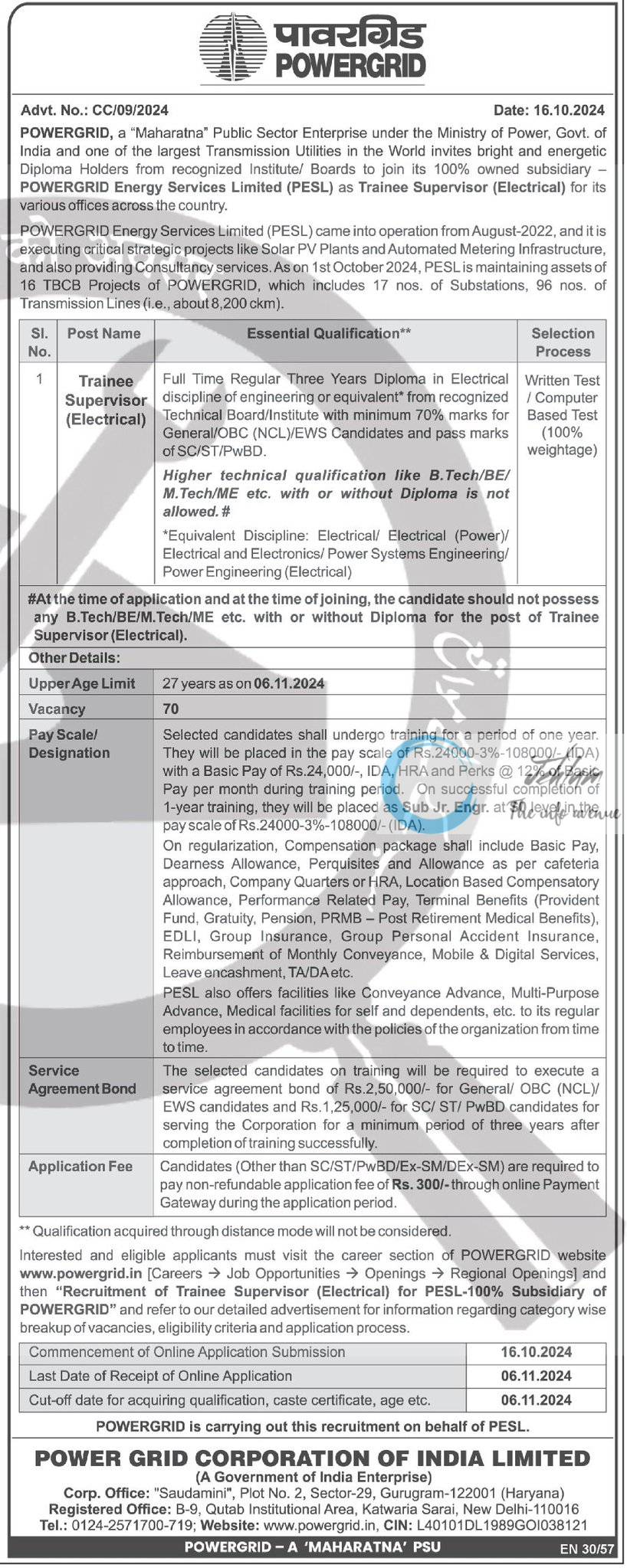 POWERGRID ENERGY SERVICES LIMITED PESL RECRUITMENT ADVT NO CC/09/2024