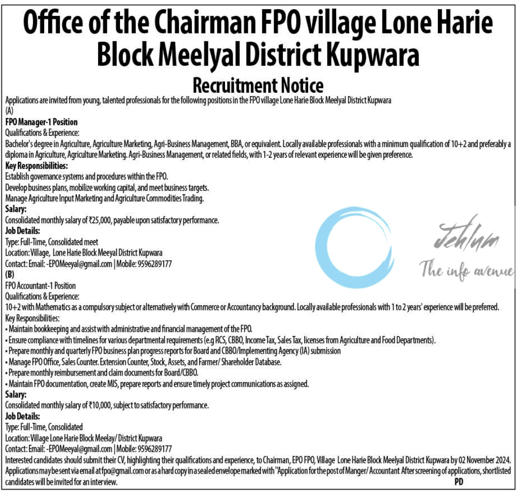 FPO Meelyal Kupwara Recruitment Notice 2024