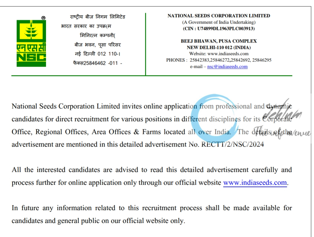 NATIONAL SEEDS CORPORATION LIMITED NSCL EMPLOYMENT NOTICE ADVT NO RECTT/2/NSC/2024