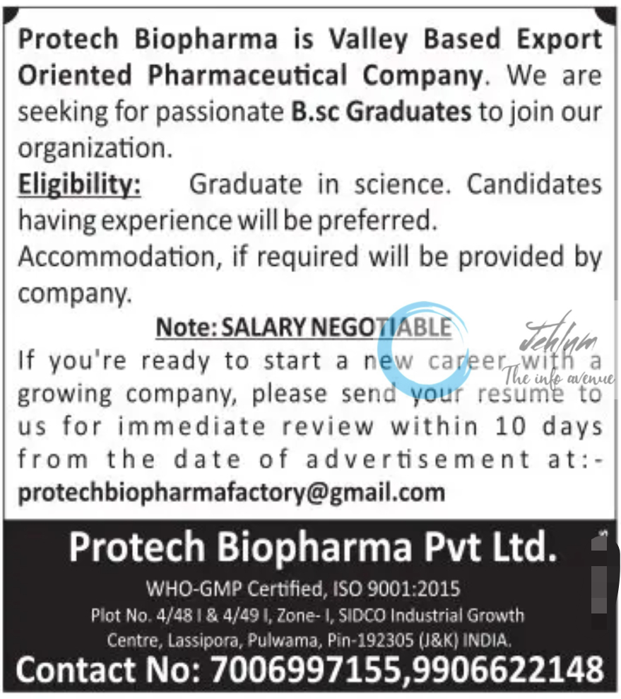 Protech Biopharma Pvt Ltd Job Opportunity 2024