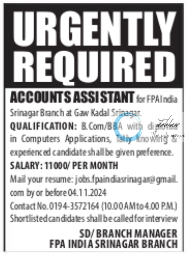 FPA INDIA SRINAGAR ACCOUNTS ASSISTANT JOBS OPENINGS 2024