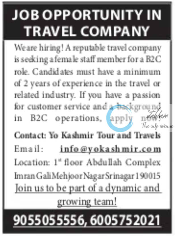 Yo Kashmir Tour and Travels Srinagar Job Opportunity 2024