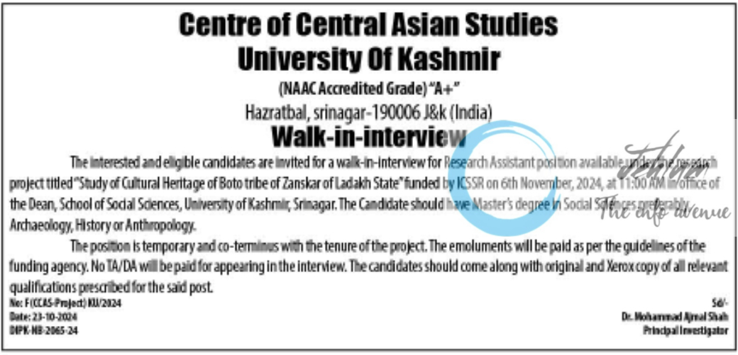 University Of Kashmir Centre of Central Asian Studies Research Assistant Walk-in-Interview Notice 2024