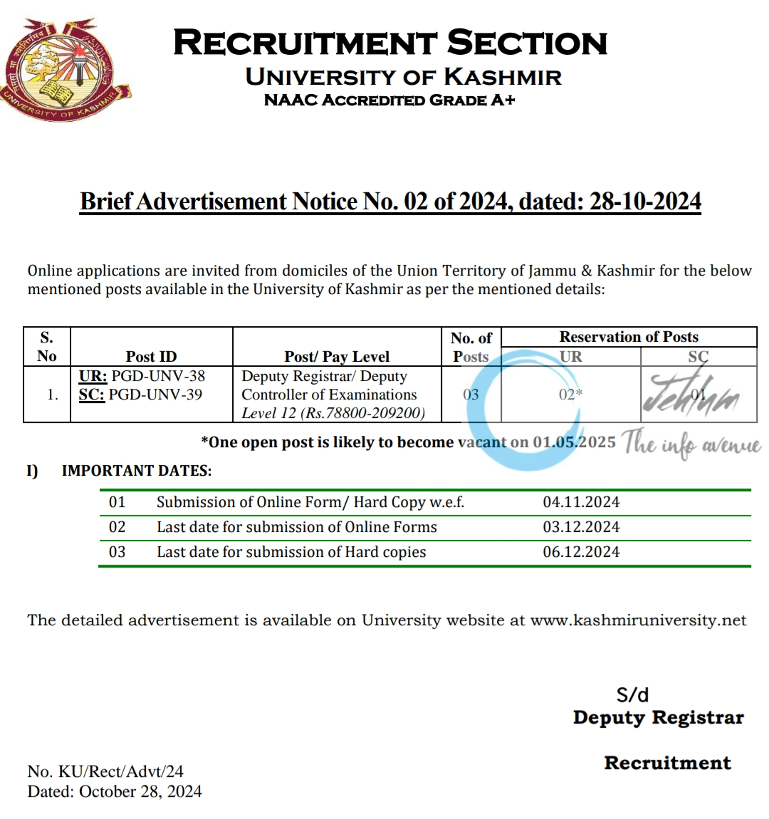 UNIVERSITY OF KASHMIR RECRUITMENT SECTION ADVERTISEMENT NOTICE NO 02 OF 2024