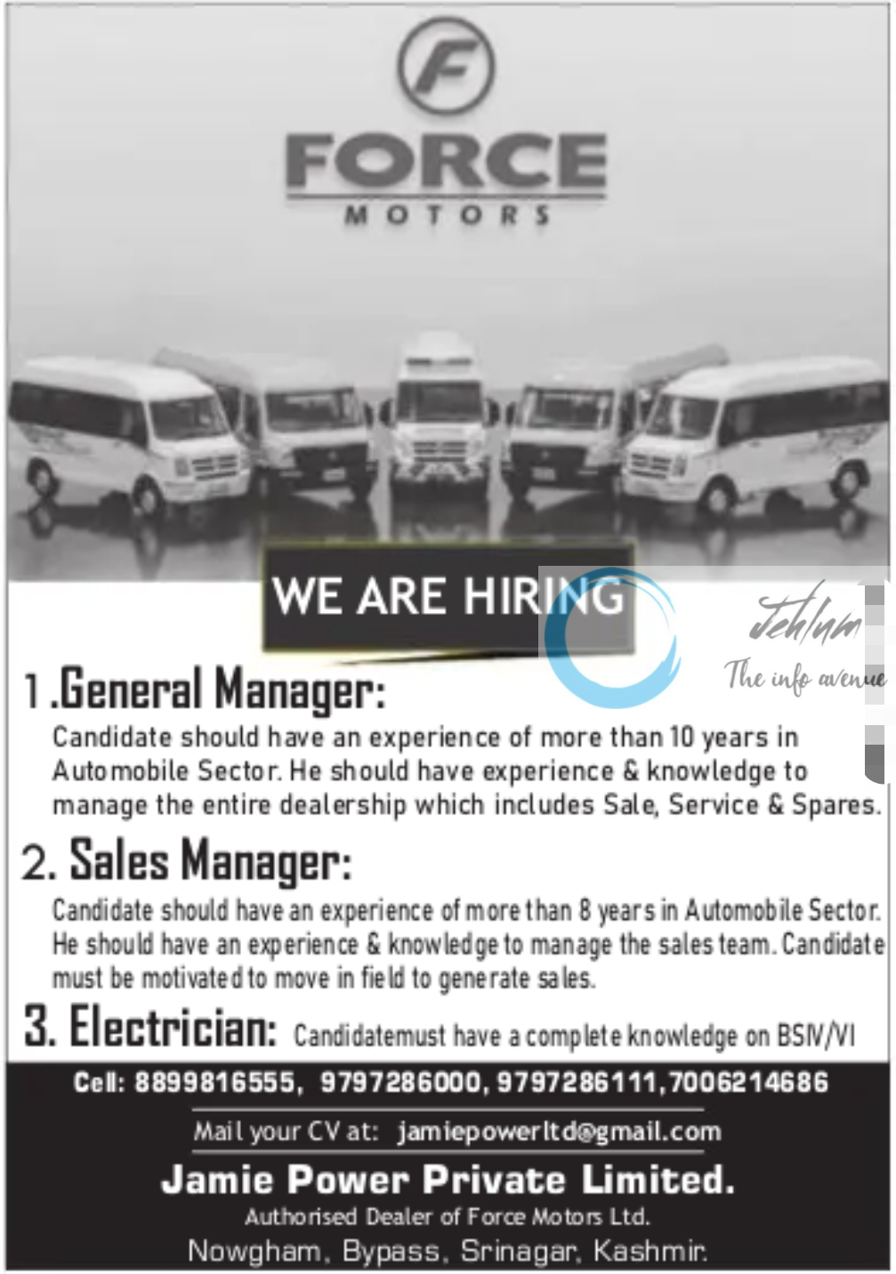 Jamie Power Pvt Ltd Force Motors Srinagar Jobs Openings 2024