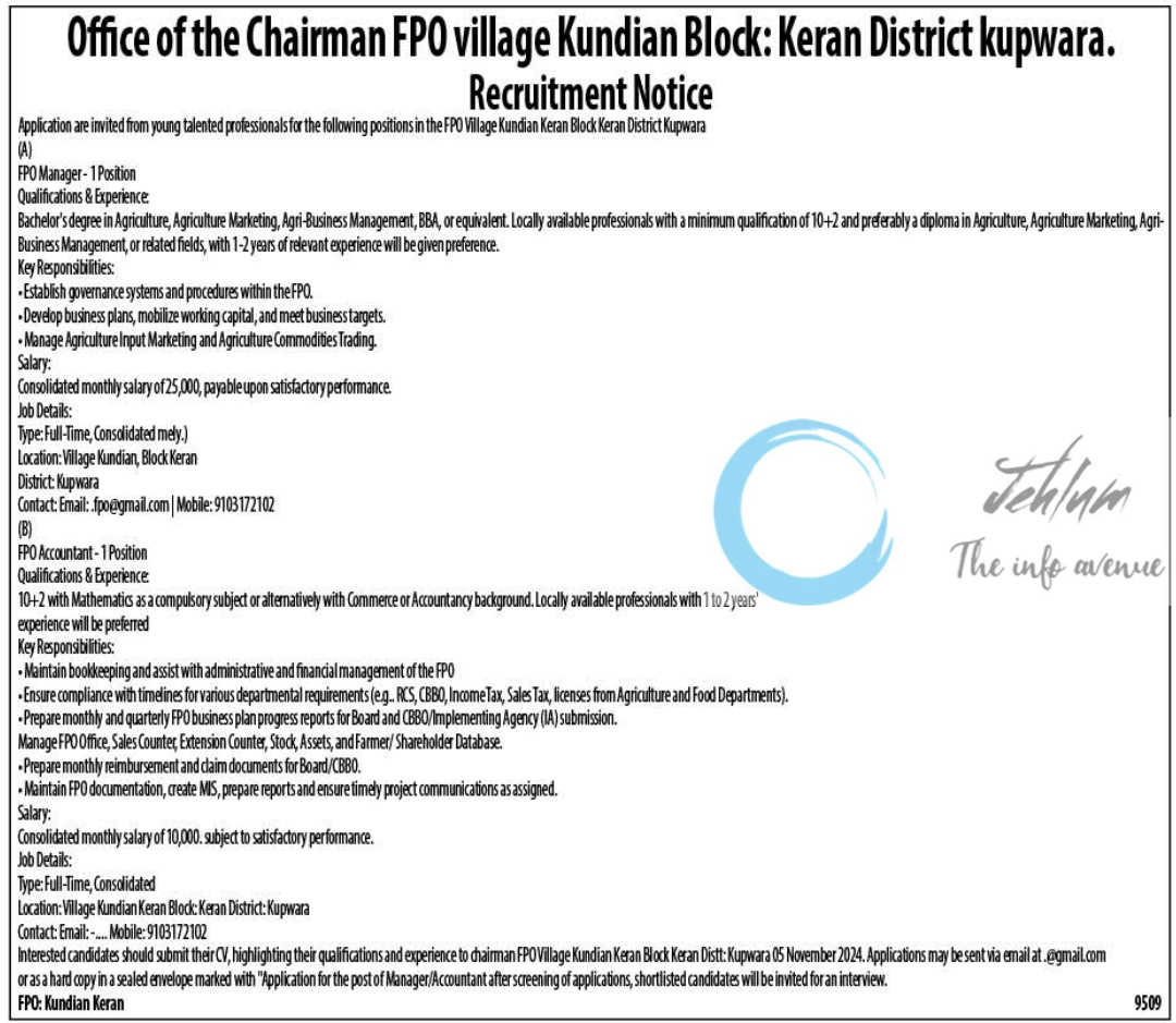 FPO Kundian Kupwara Recruitment Notice 2024