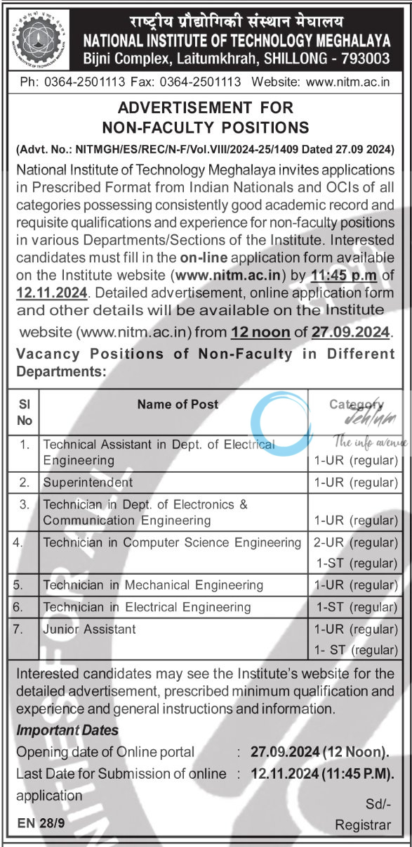 NIT MEGHALAYA NON-FACULTY POSITIONS ADVERTISEMENT NO NITMGH/ES/REC/N-F/Vol VIII/2024-25/1409