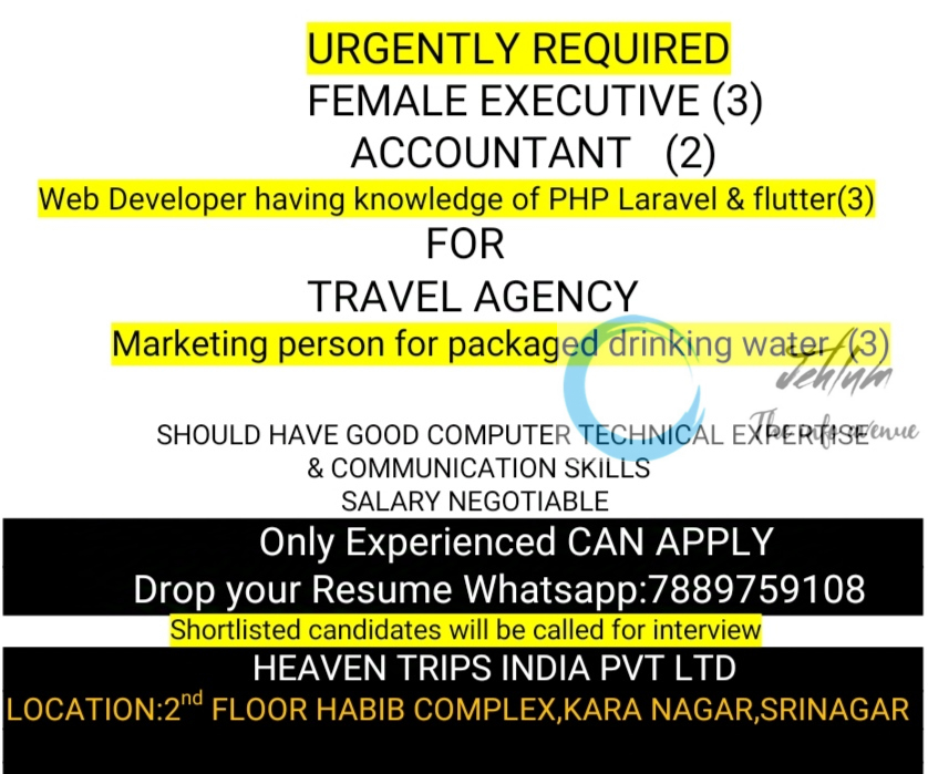 HEAVEN TRIPS INDIA PVT LTD SRINAGAR JOBS 2024