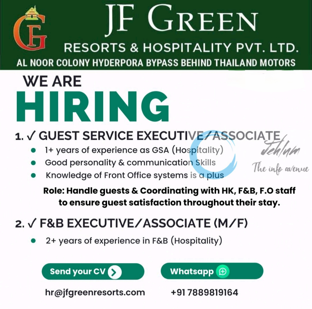 JF GREEN RESORTS & HOSPITALITY SRINAGAR JOBS 2024